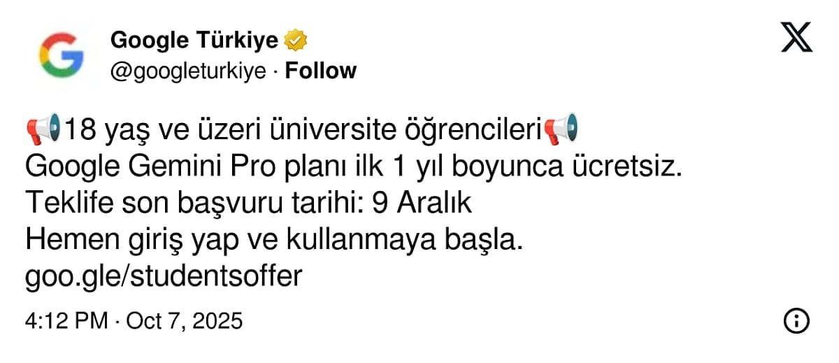 Google’dan Tüm Üniversitelilere Büyük Jest: AI Pro Paketi 1 Yıl Ücretsiz! 2 google turkiye resmi hesap