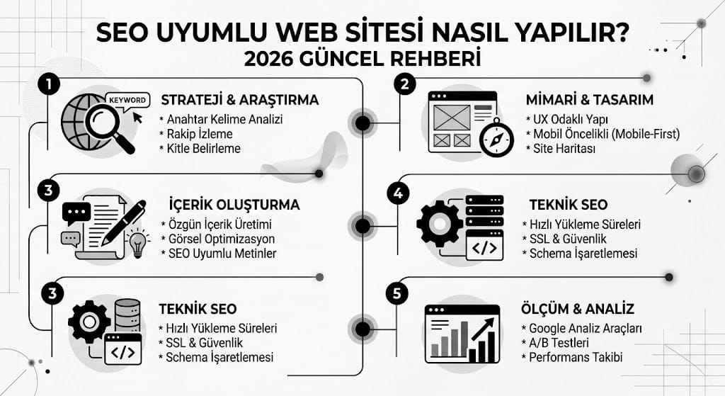SEO Uyumlu Web Sitesi Nasıl Yapılır? 2026 Güncel Rehberi 1 SEO Uyumlu Web Sitesi Nasil Yapilir 2026 Guncel Rehberi resmi siyah beyaz tonlarda clean ve minimaslist stile tasarla